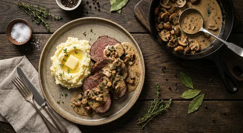 Älgstek med svampsås och potatispuré