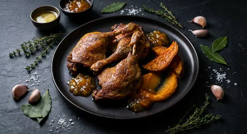 Ankconfit med apelsinmarmelad och sötpotatis