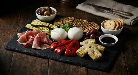 Antipastibricka med prosciutto, mozzarella och grillade grönsaker