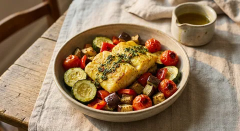 Bakad torsk med chermoula och rostade grönsaker