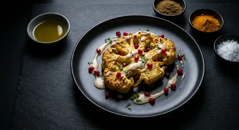 Bakat blomkåls-"steak" med tahini och granatäpple