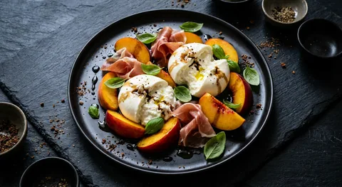 Burrata med persika, prosciutto och basilika