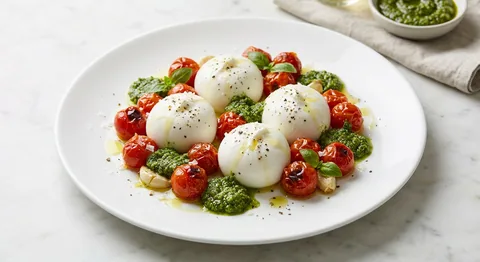 Burrata med rostade tomater och basilikumpesto