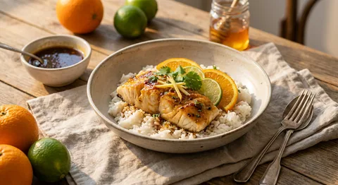 Citrus- och ingefärsglaserad torsk med kokosris
