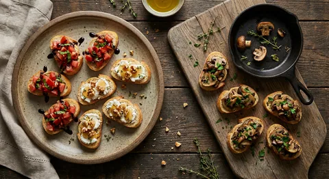 Crostini-trio: tomat, chèvre och svamp
