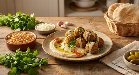Falafeltallrik med hummus och tahinisås