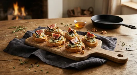 Fikonbruschetta med blåmögelost, valnötter och honung