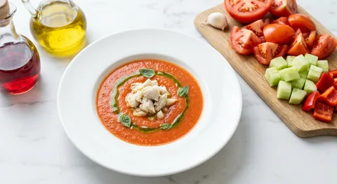 Gazpacho med krabbkött och basilikaolja