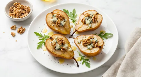 Gratinerade päronhalvor med Roquefort och valnötter