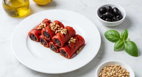 Grillad paprikarulle med olivtapenade och rostade pinjenötter