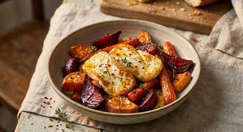 Ugnsbakad halloumi med rotfrukter och honung