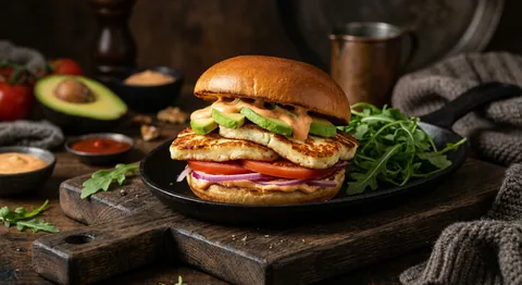 Halloumiburgare med avokado och sriracha-mayo