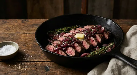 Hanger steak med rödvinsschalottenlök