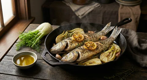 Hel ugnsrostad havsabborre med fänkål och citron