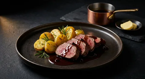 Hjortfilé med enbärssås och rostad potatis