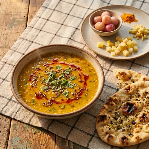 Indisk dal med tadka och naanbröd