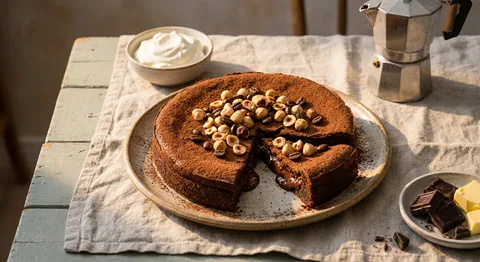 Kladdkaka med kaffe och hasselnötter