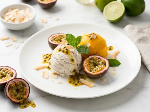 Kokosglass med mangosorbett och passionsfrukt