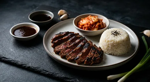 Koreansk BBQ-flankstek med kimchi och ris