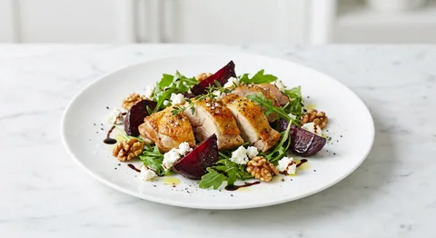 Varm kycklingssallad med rostade rödbetor och feta