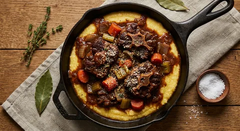 Långkokt oxsvansragù med polenta