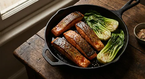 Lax med misoglasyr och sesam-pak choi
