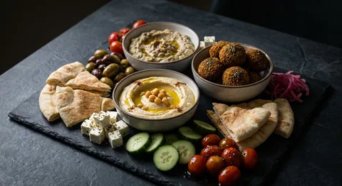 Mezzebricka med hummus, baba ganoush och falafel