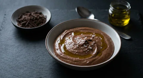 Mousse au chocolat med flingsalt och olivolja