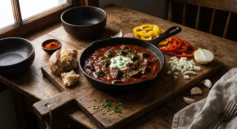 Mustig gulasch med gräddfil och bröd