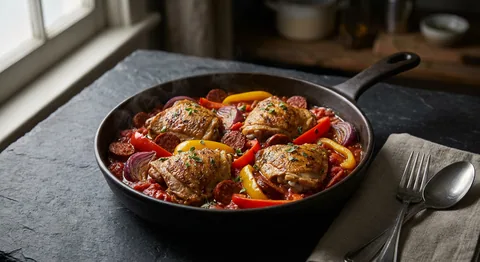 Allt-i-en-panna: kyckling med chorizo och paprika