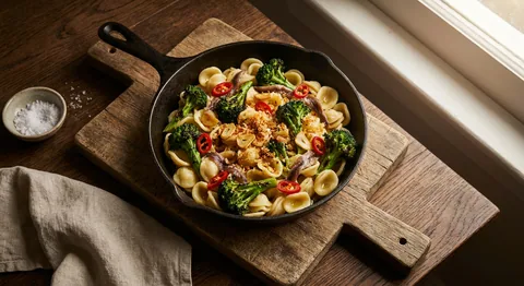 Orecchiette med broccoli, sardeller och chili