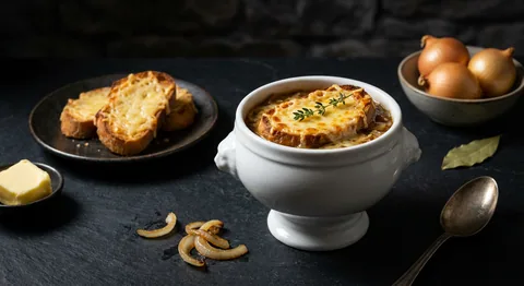Fransk löksoppa med ostgratinerat bröd