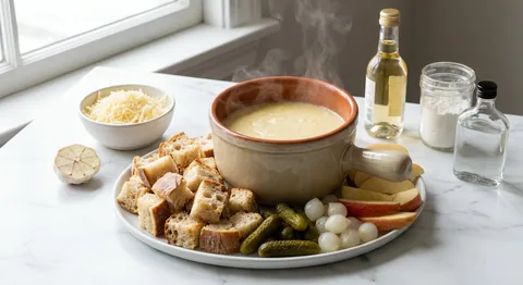 Ostfondue med bröd och tillbehör