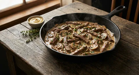Oxfilé Stroganoff med svamp och dijonsenap
