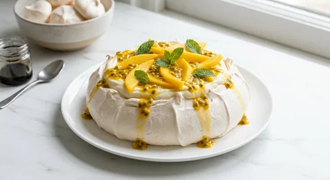 Pavlova med passionsfrukt och mango
