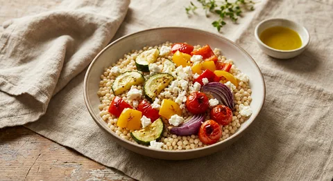 Pärlcouscous med rostade grönsaker och feta