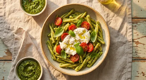 Pesto Pasta with Burrata and Cherry Tomatoes