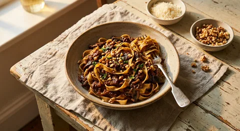 Portobello- och valnötsragù med tagliatelle