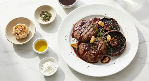 Grillad portobello med rödvinssås och rostad vitlök