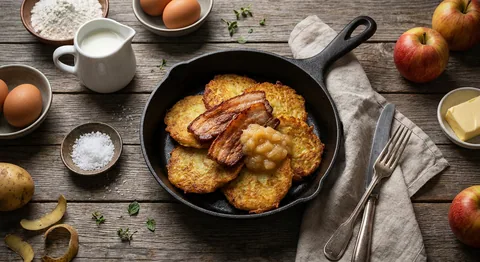 Raggmunk med stekt fläsk och äppelmos