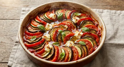 Ratatouille med chèvre och basilika