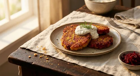 Rödbetsbiffar med pepparrotsgrädde