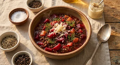 Rödbetsragout med belugalinser och pepparrot