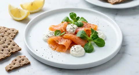 Rökt lax med pepparrotskräm och hornsallad