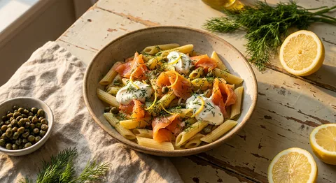 Penne med rökt lax, crème fraîche och dill