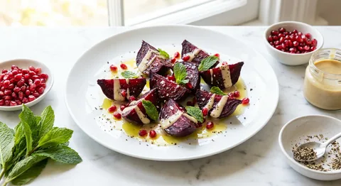 Rostade betor med tahini och granatäpple