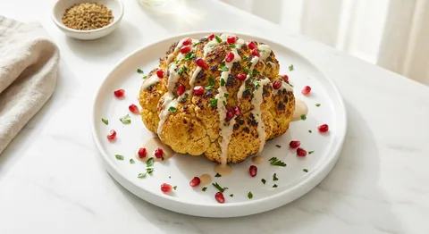 Hel rostad blomkål med tahini och granatäpple