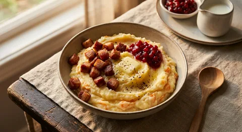 Rotmos med stekt rimmat fläsk och lingon