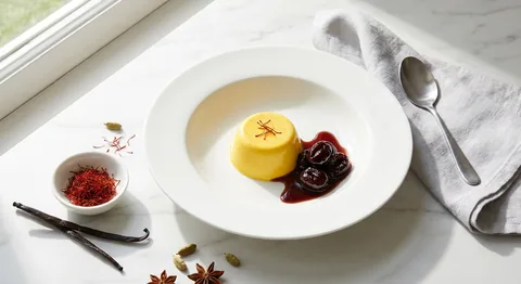 Saffranspannacotta med glöggkokta plommon