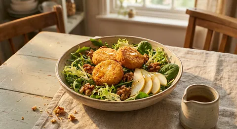 Sallad med varm chèvre, valnötter och honungsdressing